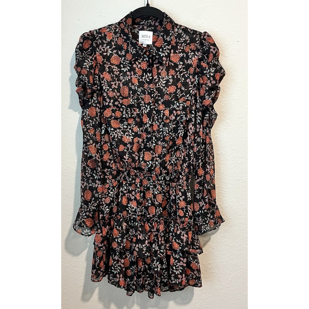 Misa Los Angeles Anika Dress XS Floral Sheer Mini Ruffle Smock Red Black